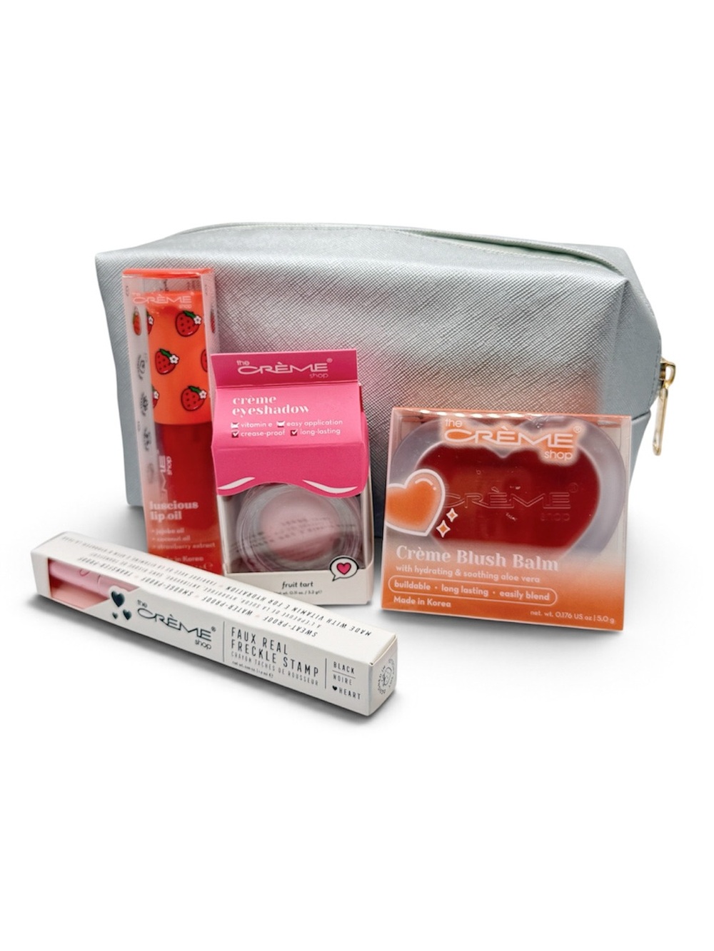 The Crème Shop 4-Pc Makeup Set + Silver Cosmetic Bag New Gift Set